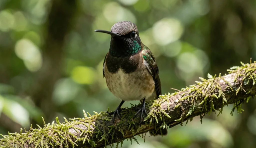 Close-up of an Empress Brilliant hummingbird perched in a cloud forest showing a purple throat and green iridescent plumage
