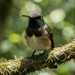 Close-up of an Empress Brilliant hummingbird perched in a cloud forest showing a purple throat and green iridescent plumage