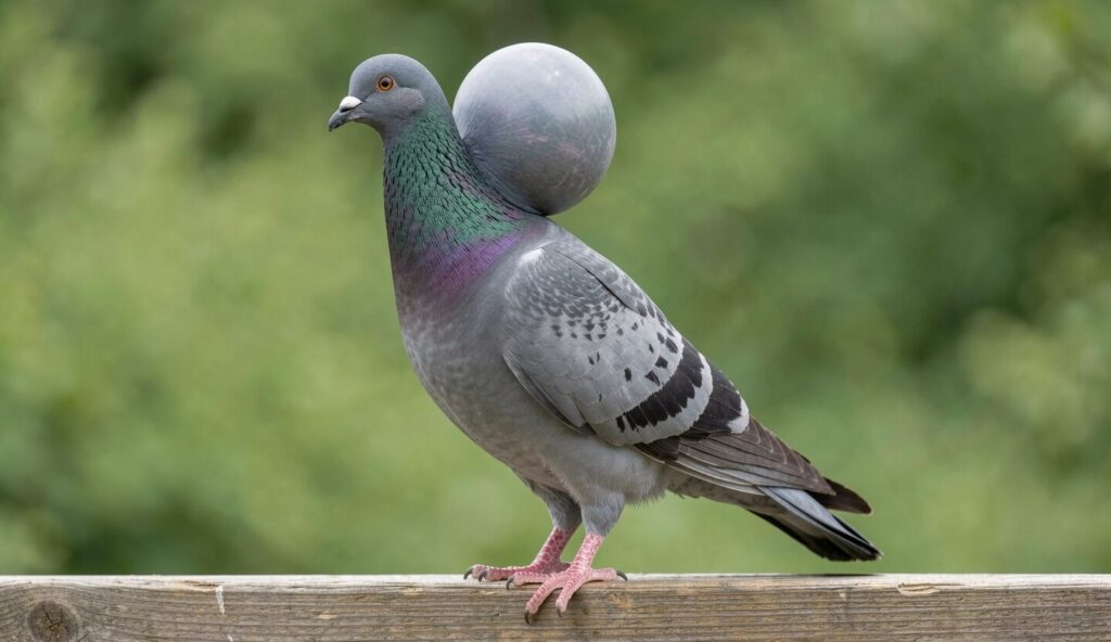 An English Pouter pigeon standing upright with its crop fully inflated, showing its distinctive posture.