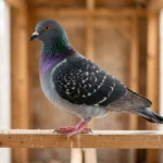 English Shortface Tumbler pigeon side view on a wooden perch showing short rounded head and compact body