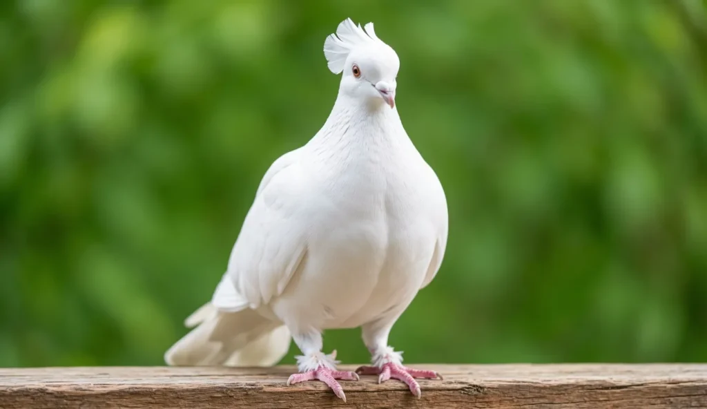 English Trumpeter pigeon with white feathers, shell crest, and muffed feet standing on a wooden perch in natural light.