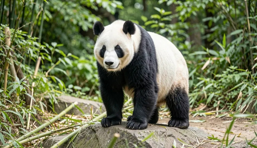 Er Shun the female giant panda at Toronto Zoo standing on a rock in a green enclosure.