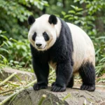 Er Shun Panda Life Story – Toronto Zoo Journey & Conservation Impact Er Shun the female giant panda at Toronto Zoo standing on a rock in a green enclosure.