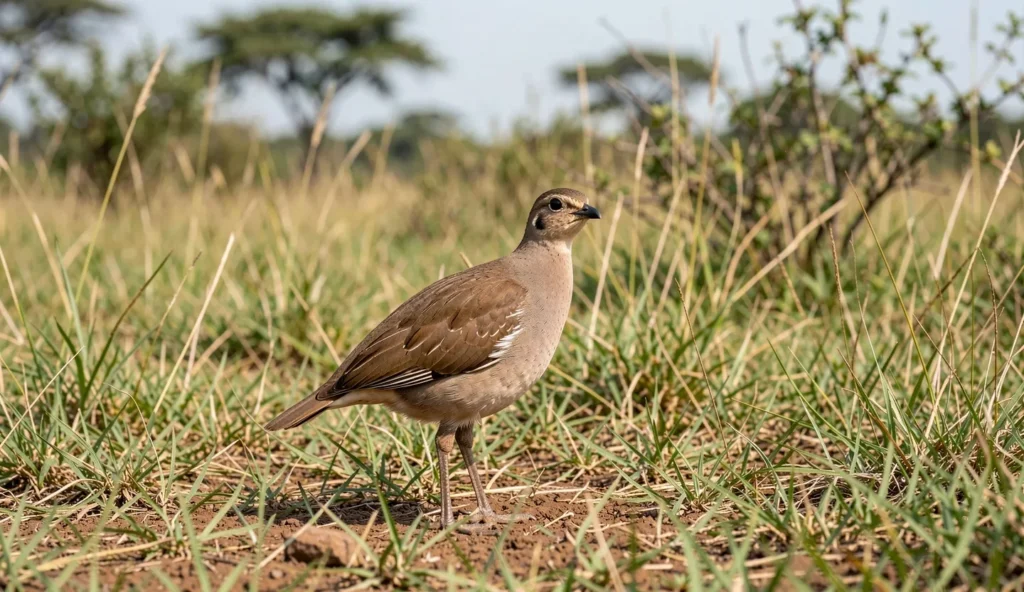 Erckel Francolin standing on the ground in a grassy habitat with shrubs in the background.