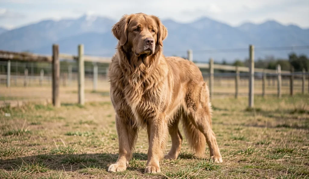 An alert Estrela Mountain Dog with a thick double coat standing on a farm near a fence with mountains in the distance.