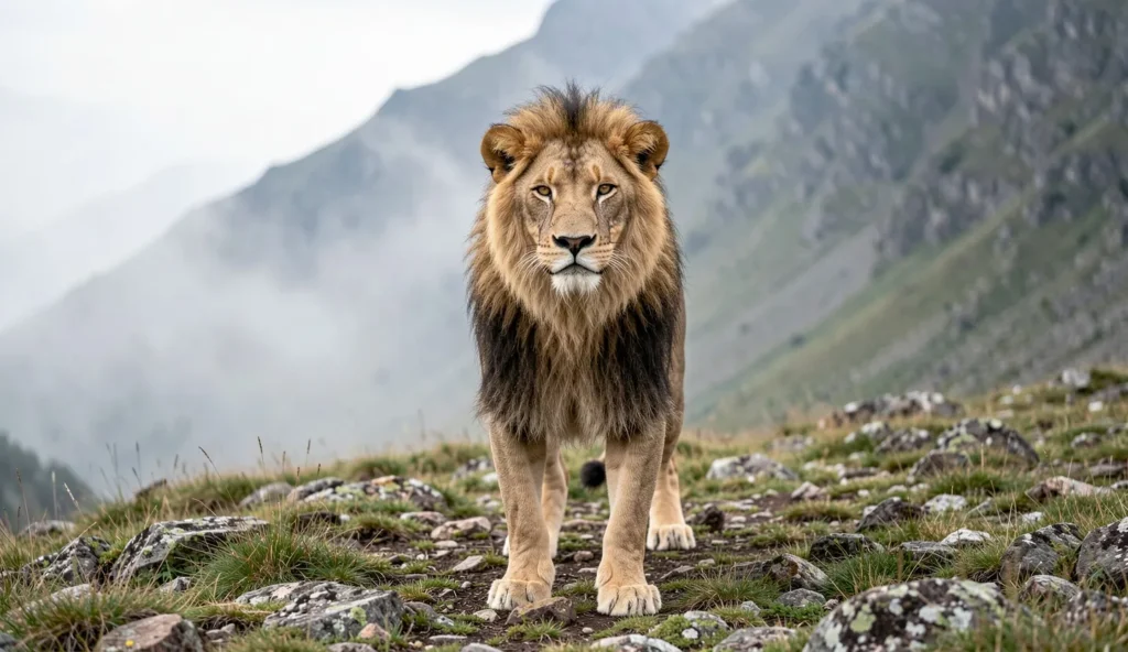 A lion standing on rocky highland ground in the Bale Mountains with misty mountains in the background.