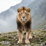 Ethiopian Highland Lion – Traits, Adaptations, Research & Conservation Guide A lion standing on rocky highland ground in the Bale Mountains with misty mountains in the background.