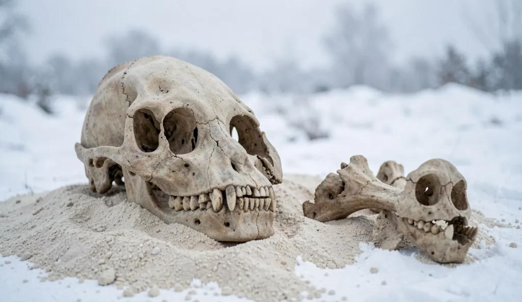 Close view of a cave lion skull and fossil bones resting on pale sediment in a snowy, cold outdoor setting.