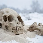 Close view of a cave lion skull and fossil bones resting on pale sediment in a snowy, cold outdoor setting.