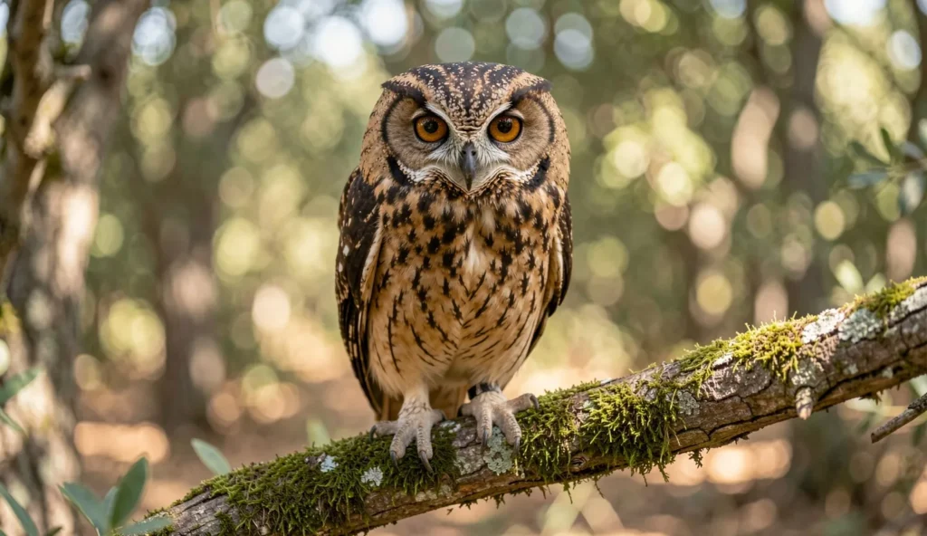 Close up of a small Eurasian Scops Owl perched on a branch in a Mediterranean forest
