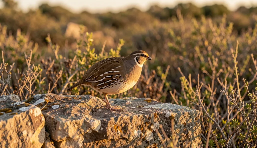 European Francolin perched on a stone wall in a European scrub landscape during golden hour.