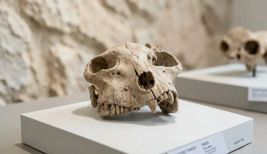 Fossilized lion skull fragment displayed in a museum setting with visible mineral texture and cracks.