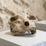 European Lion – Key Traits, Fossil Evidence, and Complete History Guide Fossilized lion skull fragment displayed in a museum setting with visible mineral texture and cracks.
