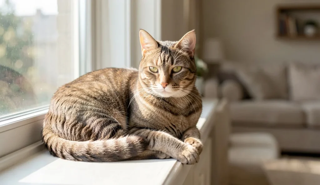 European shorthair cat resting on a sunny windowsill with short fur visible in natural daylight.