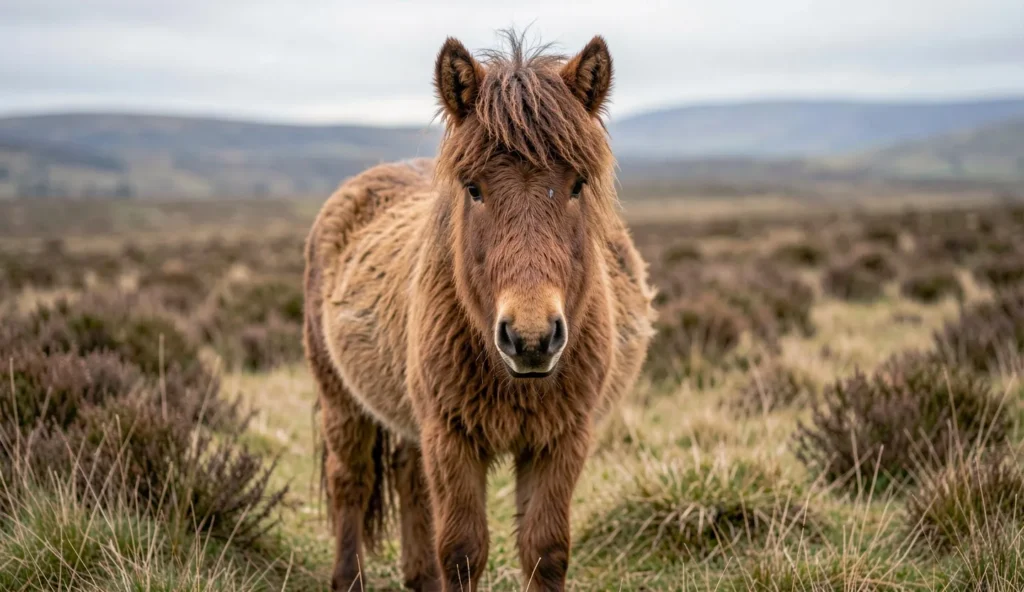 An Exmoor pony stands on moorland grass under overcast light, showing its dark eye and thick coat texture.