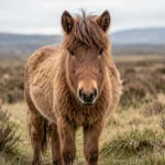 Exmoor Pony – Hardy Native Pony Of Britain and Complete Care Guide An Exmoor pony stands on moorland grass under overcast light, showing its dark eye and thick coat texture.