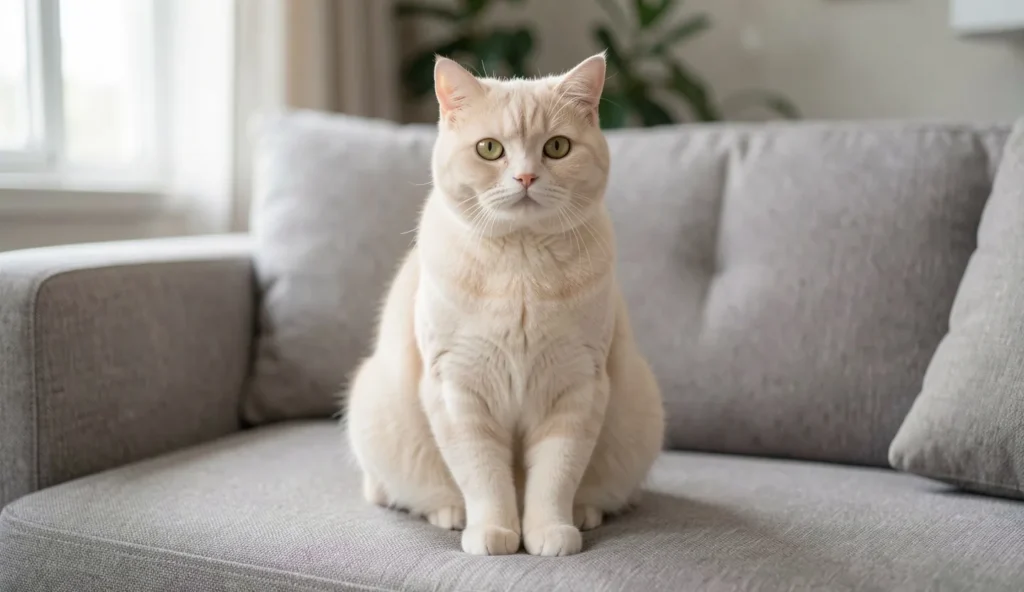 A cream Exotic Shorthair cat sitting on a couch with plush fur and a relaxed expression in natural indoor light.