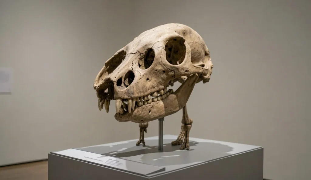 Fossil skull cast of Ailuropoda wulingshanensis on a museum display