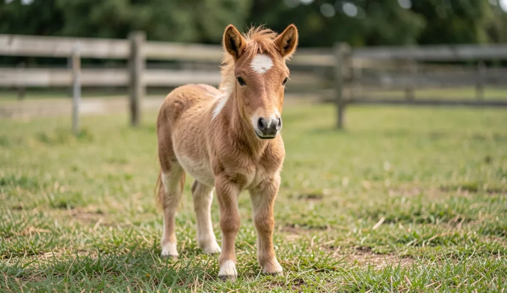 A Falabella miniature horse standing calmly in an outdoor paddock with short grass and fencing in the background.