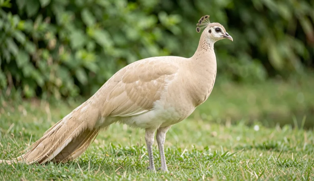 Close-up of a Fawn Peafowl showing pale beige plumage in a sunlit garden setting