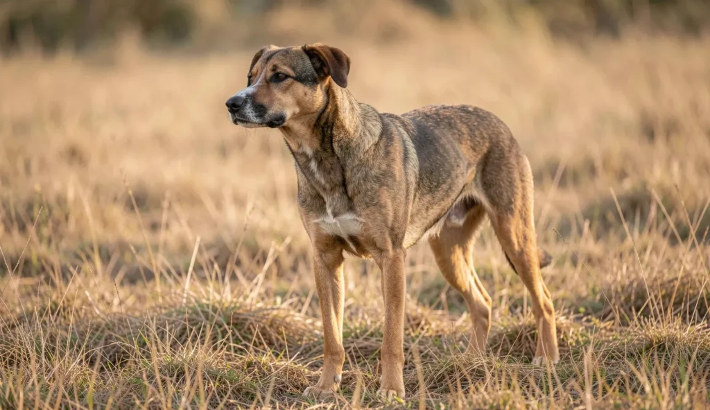 A Catalburun dog stands in an alert pointing posture in a field, showing its distinctive split nose.