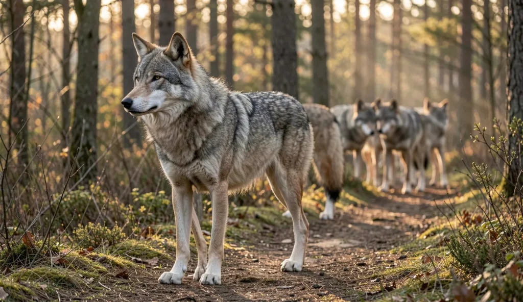 A gray Eurasian wolf stands alert at dawn on a forest path with other wolves in the background among trees and shrubs