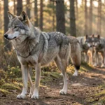 A gray Eurasian wolf stands alert at dawn on a forest path with other wolves in the background among trees and shrubs