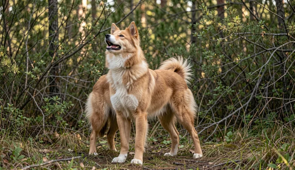 Finnish Spitz standing alert in a wooded area with its head raised and body poised as if indicating a bird scent during a hunt