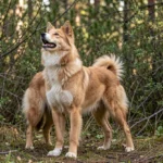Finnish Spitz – The Barking Bird Dog Breed Guide Finnish Spitz standing alert in a wooded area with its head raised and body poised as if indicating a bird scent during a hunt