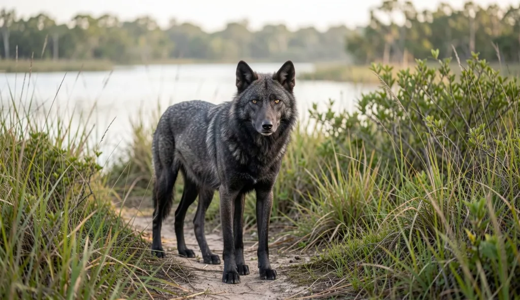 A dark gray wolf stands on a dirt path near tall grass in a Florida wetland setting during early morning light