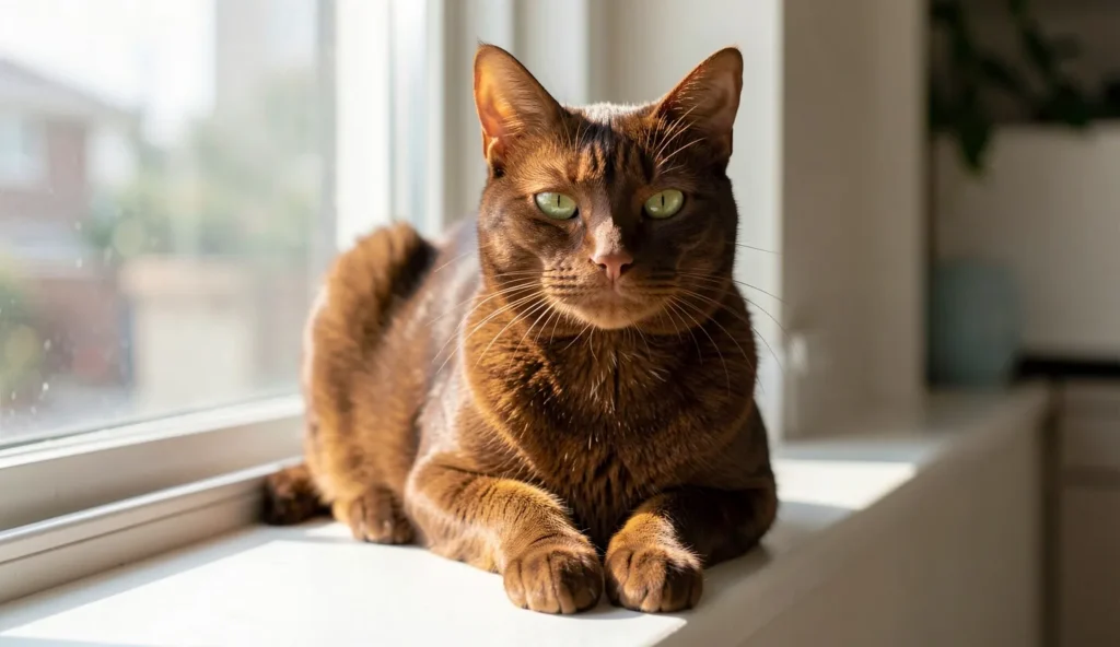 Havana Brown cat with a rich chocolate-brown coat and bright green eyes resting on a windowsill in natural daylight