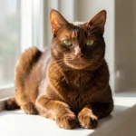 Havana Brown cat with a rich chocolate-brown coat and bright green eyes resting on a windowsill in natural daylight