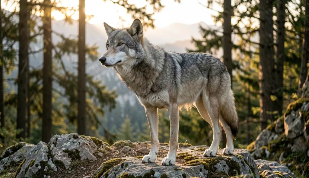 Gray wolf standing on rocky ground at the edge of a forest in the Apennine mountains during early morning light