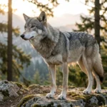 Italian Wolf – Traits, Protection Status, Behavior & Unique Traits Guide Gray wolf standing on rocky ground at the edge of a forest in the Apennine mountains during early morning light