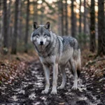 A gray wolf standing on a muddy forest path in a quiet woodland at dusk with trees and leaf litter surrounding it.