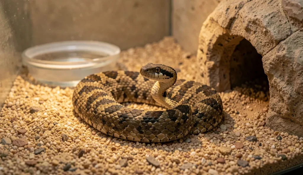 A king snake coiled inside an enclosure near a hide with warm light across the substrate and water bowl in the background