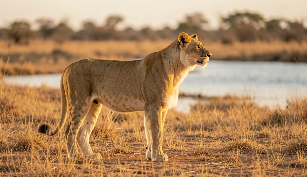 A lioness standing near a riverbank on dry savanna grass in warm golden hour light.