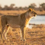 Nubian Lion – Origin, Traits, Historical Significance & Care Guide A lioness standing near a riverbank on dry savanna grass in warm golden hour light.