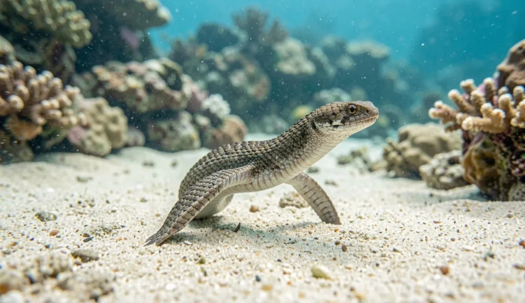 A sea snake swimming near a shallow coral reef in clear coastal water