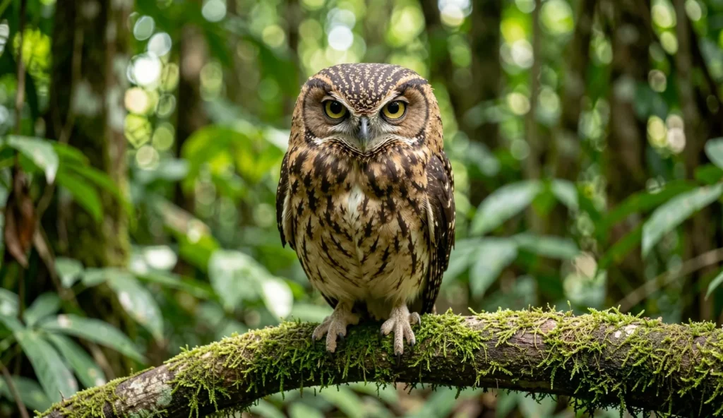 Close up of a Ferruginous Pygmy Owl perched on a branch in a tropical forest