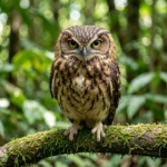 Close up of a Ferruginous Pygmy Owl perched on a branch in a tropical forest