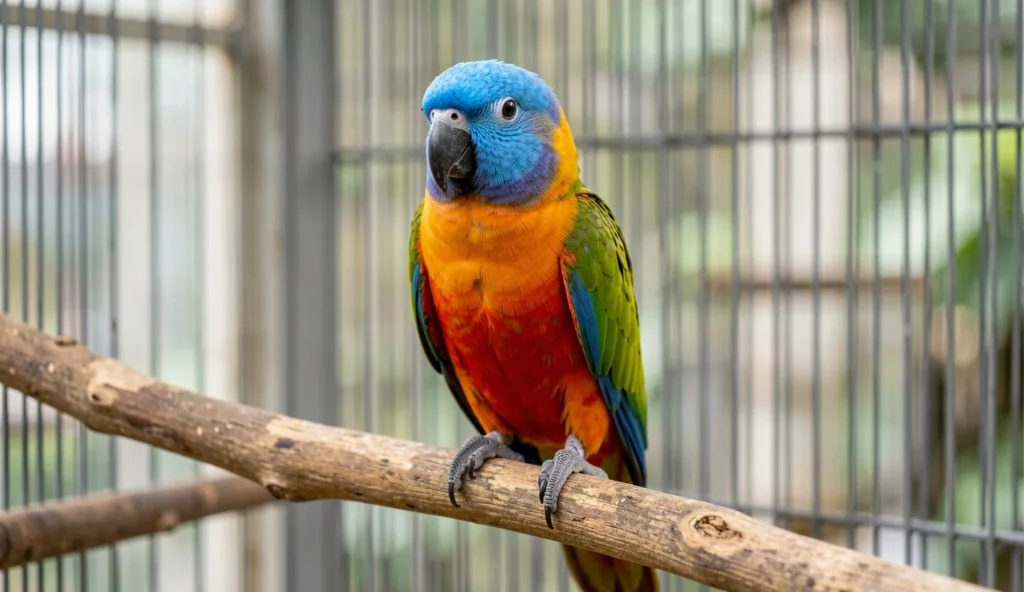 A Festive Amazon parrot perched indoors showing a blue crown and red rump.