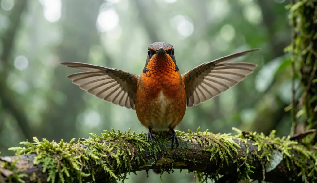 Fiery-Throated Hummingbird perched in a Costa Rica cloud forest with a rainbow gorget in natural light