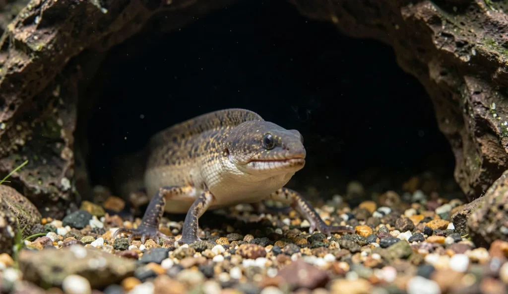 A fire eel emerging from a cave hide on the aquarium bottom during low light, showing its elongated body and spiny dorsal area.