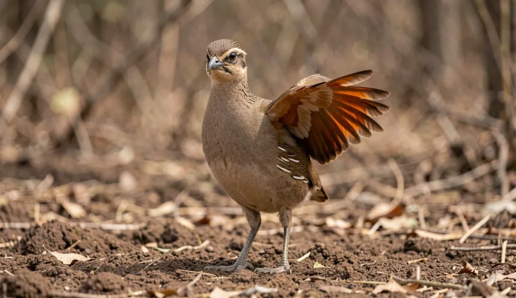 Fire-winged francolin standing on the ground with rufous wing feathers visible in natural daylight.