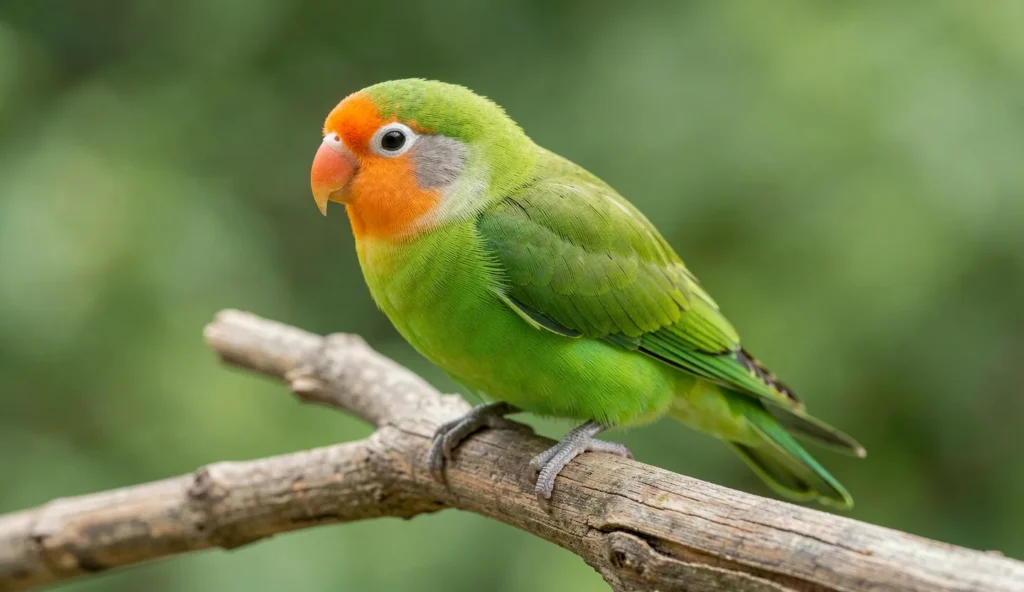 A Fischer lovebird perched on a wooden branch, displaying its green plumage, orange face, and white eye-ring.