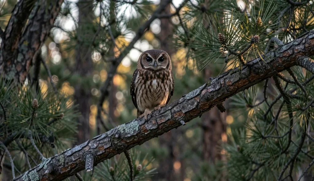 Close up of a Flammulated Owl perched on a pine branch in a ponderosa pine forest at dusk
