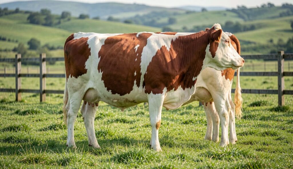 Fleckvieh cow with red and white markings grazing on a green pasture.