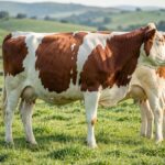 Fleckvieh Cattle – The Dual-Purpose Simmental Relative from Germany Fleckvieh cow with red and white markings grazing on a green pasture.