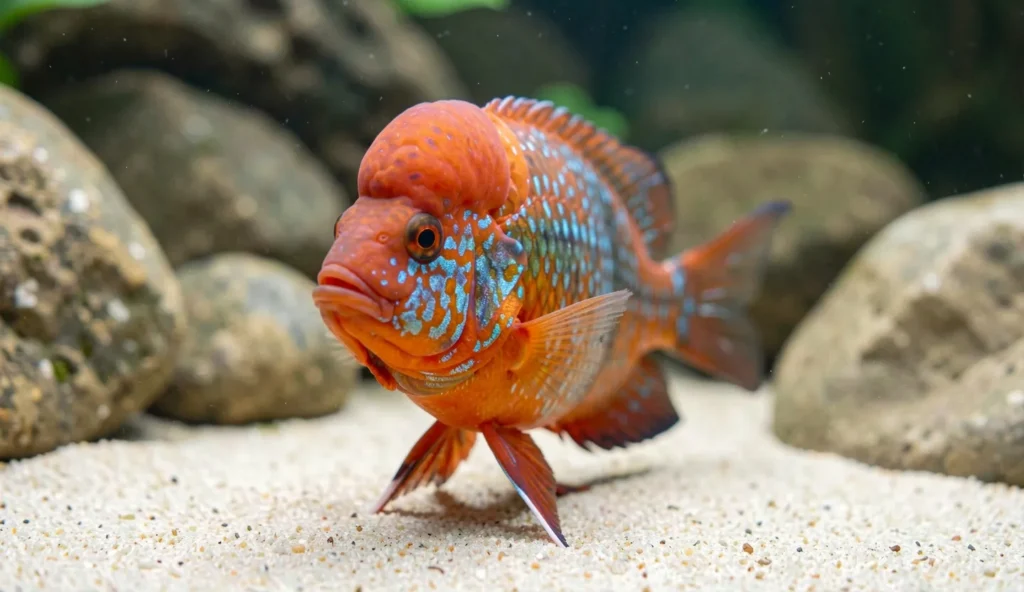 A flowerhorn cichlid with a rounded kok head in a home aquarium near the front glass with rocks and substrate in the background.